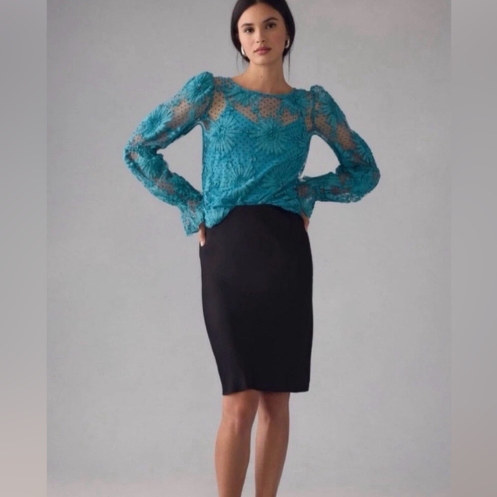 Anthropologie Eva Franco Turquoise Sheer Lace Floral Polka Dot Blouse Large NWOT